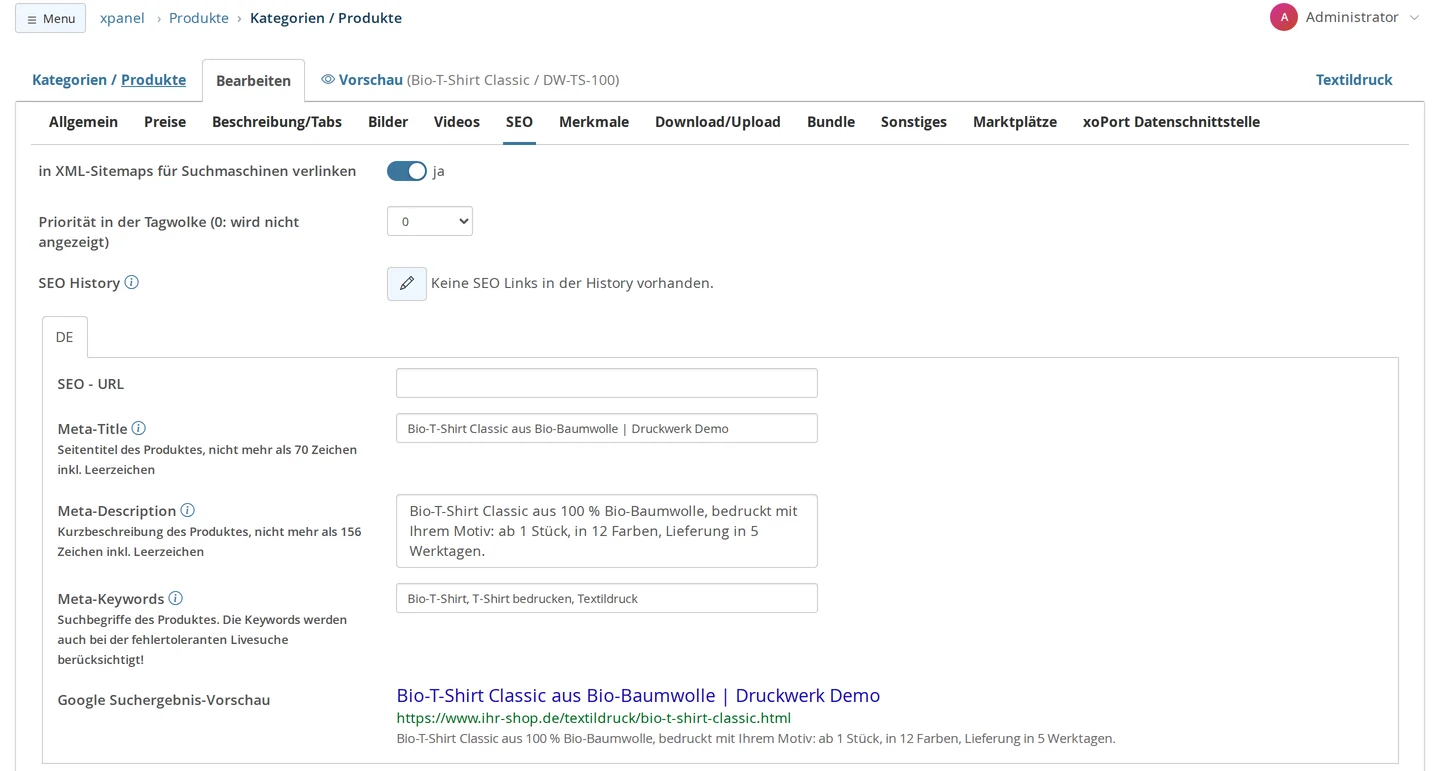 Produktmaske, Reiter SEO: Schalter in XML-Sitemaps verlinken, Knopf SEO History, leeres Feld SEO - URL, ausgefüllte Felder Meta-Title, Meta-Description und Meta-Keywords und darunter die Google Suchergebnis-Vorschau mit Titel, Adresse und Beschreibung