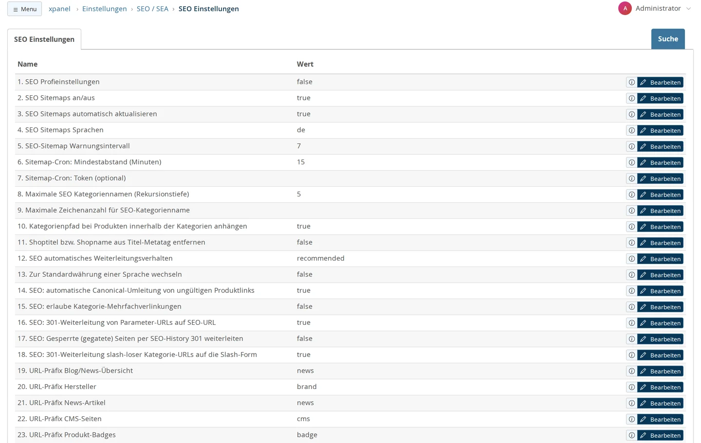 Einstellungen, SEO / SEA, SEO Einstellungen: Liste mit SEO Profieinstellungen (false), Sitemap-Einstellungen, Kategorienpfad bei Produkten anhängen (true), SEO automatisches Weiterleitungsverhalten (recommended), den Weiterleitungsschaltern für ungültige Produktlinks, Parameter-URLs, gesperrte Seiten und slash-lose Kategorie-URLs sowie den URL-Präfixen news, brand, cms und badge