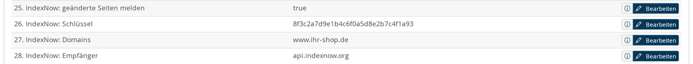 Impostazioni, Protezione dei dati, Linee guida GEO IP: IndexNow: segnala le pagine modificate (true), IndexNow: chiave (chiave di esempio composta da 32 caratteri), IndexNow: domini (www.ihr-shop.de) e IndexNow: destinatario (api.indexnow.org)