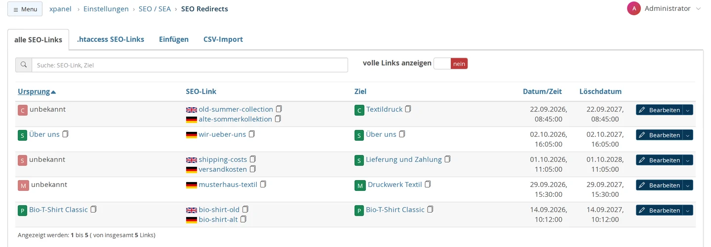 SEO Redirects, Reiter alle SEO-Links: fünf Einträge mit Ursprung (Typ-Knopf C, S, M oder P, gelöschte Seiten rot mit unbekannt), SEO-Link mit Flagge je Sprache, Ziel, Datum/Zeit und Löschdatum, darüber die Reiter .htaccess SEO-Links, Einfügen und CSV-Import