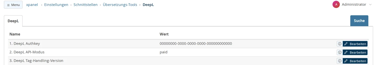 Einstellungen → Schnittstellen → Übersetzungs-Tools → DeepL mit den Feldern DeepL Authkey (Platzhalter-Schlüssel aus Nullen), DeepL API-Modus paid und leerer DeepL Tag-Handling-Version