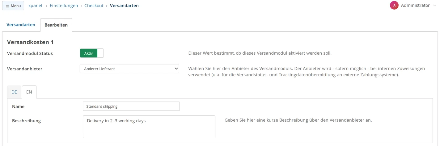 Versandart „Versandkosten 1“ bearbeiten unter Einstellungen → Checkout → Versandarten, Sprachreiter EN mit Name „Standard shipping“ und Beschreibung „Delivery in 2–3 working days“
