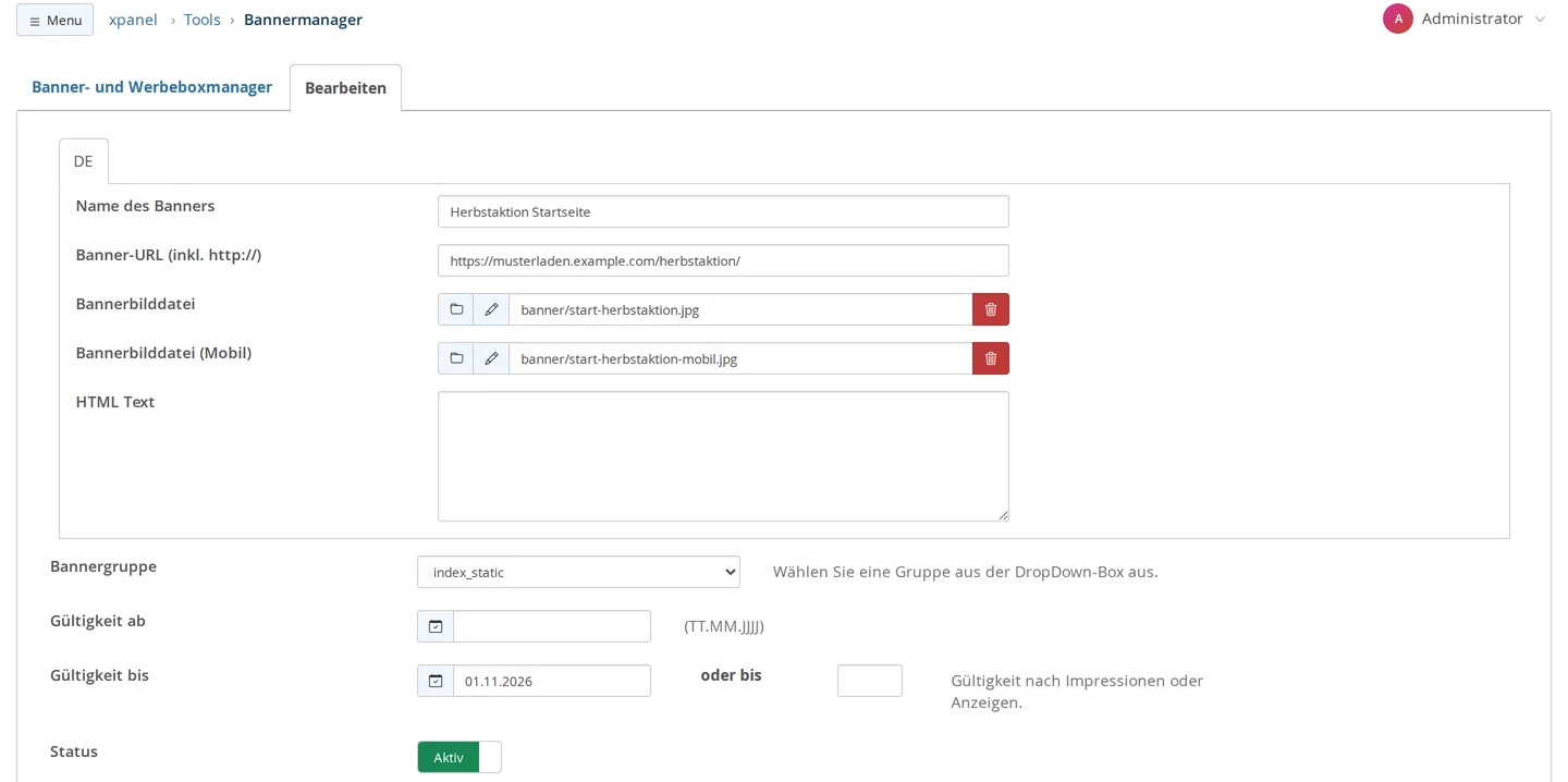 Tools → Bannermanager, Banner bearbeiten: im Reiter DE Name des Banners „Herbstaktion Startseite“, Banner-URL https://musterladen.example.com/herbstaktion/, Bannerbilddatei und Bannerbilddatei (Mobil) befüllt, HTML Text leer; darunter Bannergruppe index_static, Gültigkeit ab leer, Gültigkeit bis 01.11.2026 und Status aktiv