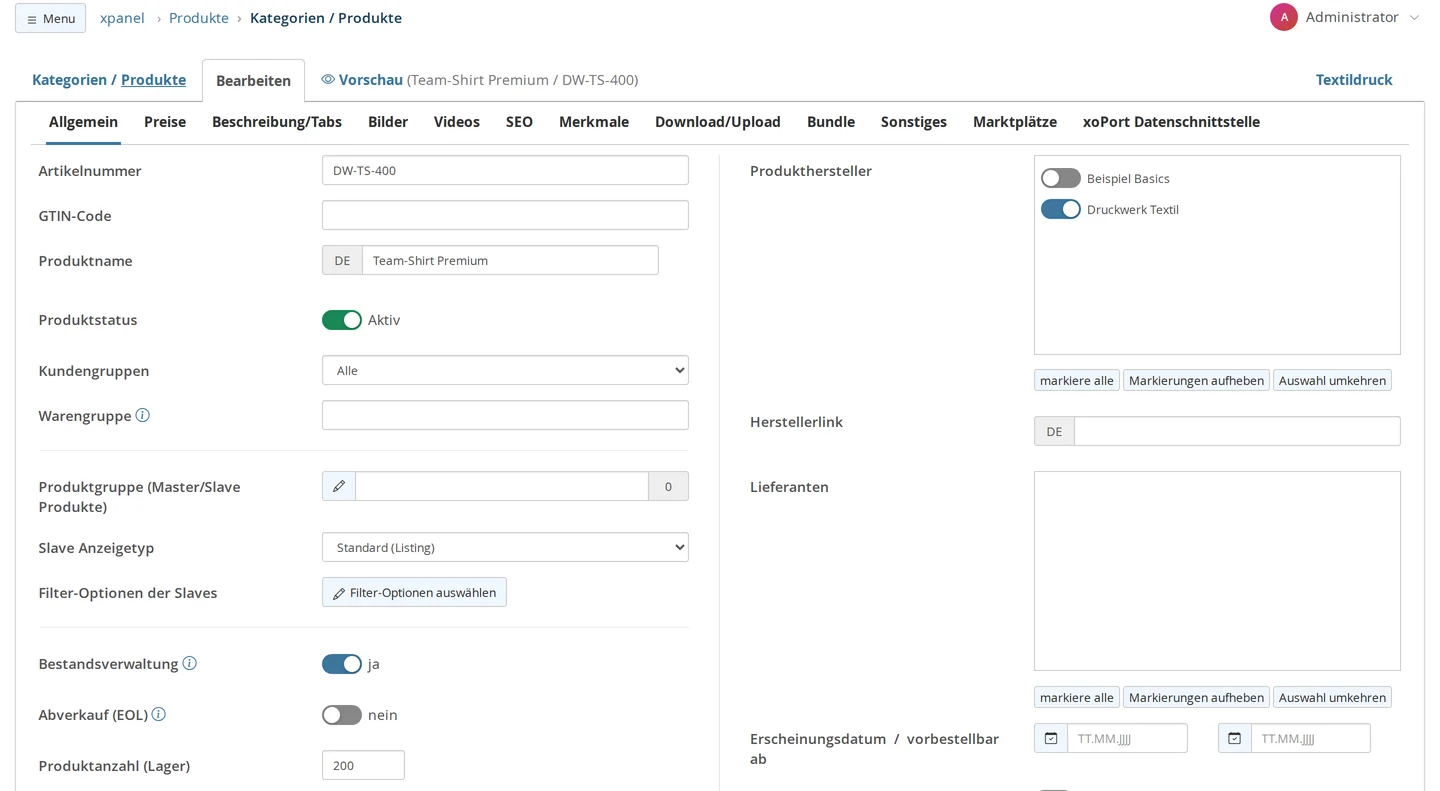 Produktmaske Reiter Allgemein mit Artikelnummer, Produktname, Produktstatus, Kundengruppen, Bestand und Hersteller