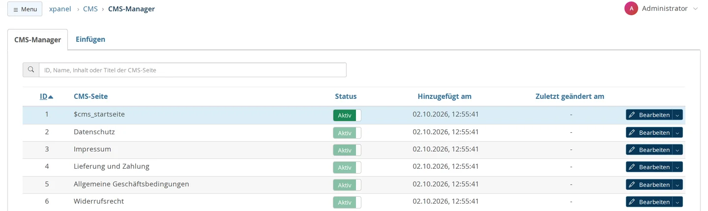 CMS-Manager mit den Seiten Datenschutz, Impressum, Lieferung und Zahlung, Allgemeine Geschäftsbedingungen und Widerrufsrecht