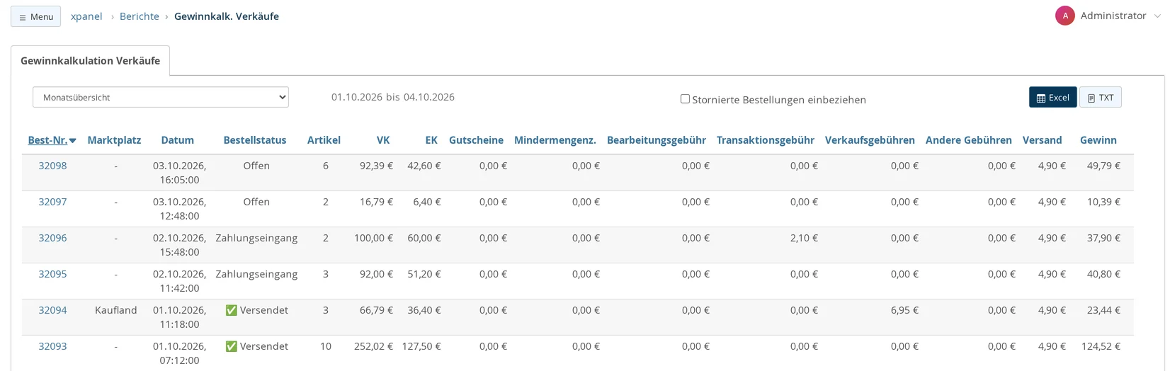 Gewinnkalkulation Verkäufe in der Monatsübersicht mit dem Haken Stornierte Bestellungen einbeziehen, den Knöpfen Excel und TXT und den Spalten Best-Nr., Marktplatz, Datum, Bestellstatus, Artikel, VK, EK, Gutscheine, Mindermengenzuschlag, Gebühren, Versand und Gewinn, darunter eine Kaufland-Bestellung mit Verkaufsgebühr
