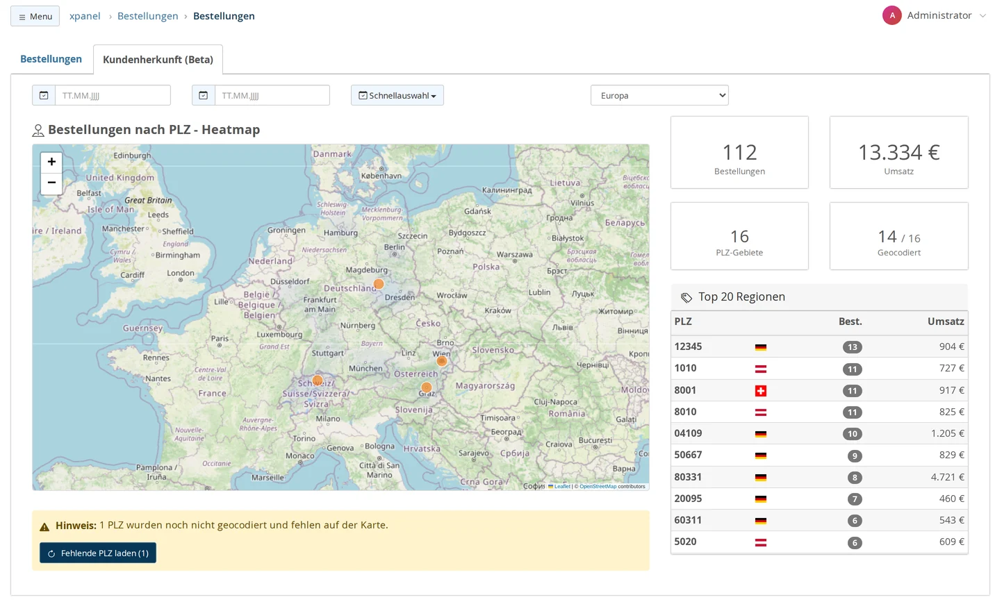 Reiter Kundenherkunft (Beta) mit Europakarte und orangefarbenen Kreisen in Leipzig, Zürich, Wien und Graz, daneben die Kacheln Bestellungen, Umsatz, PLZ-Gebiete und Geocodiert und die Liste Top 20 Regionen, unter der Karte der Hinweis mit dem Knopf Fehlende PLZ laden