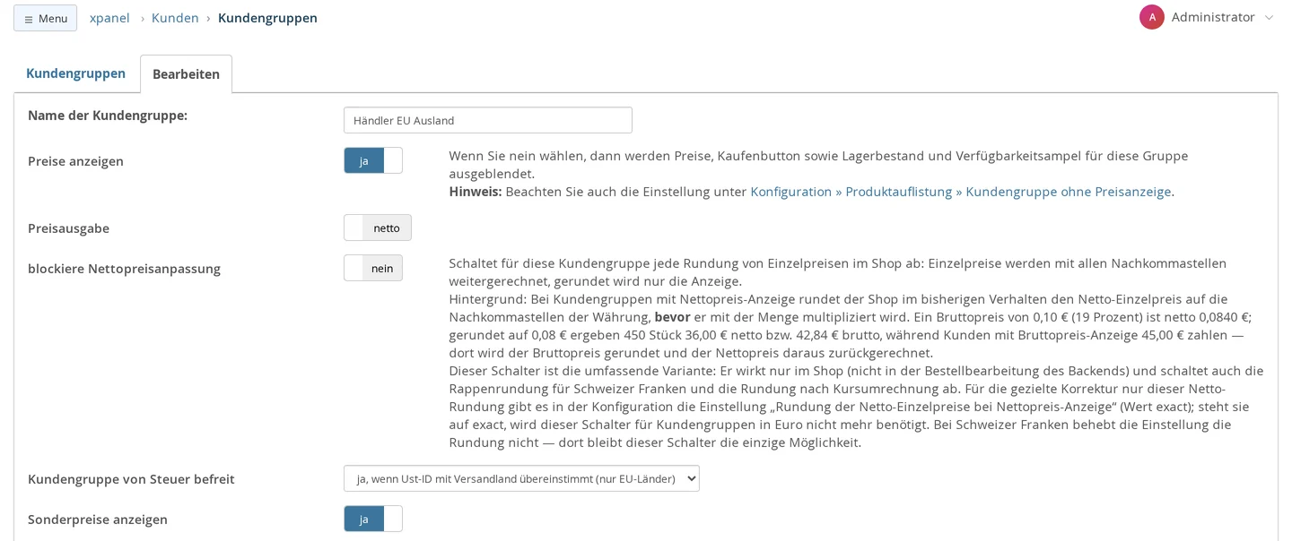 Kundengruppe „Händler EU Ausland“ bearbeiten: „Preise anzeigen“ ja, „Preisausgabe“ netto, „blockiere Nettopreisanpassung“ nein mit Erläuterung, „Kundengruppe von Steuer befreit“ auf „ja, wenn Ust-ID mit Versandland übereinstimmt (nur EU-Länder)“ und „Sonderpreise anzeigen“ ja