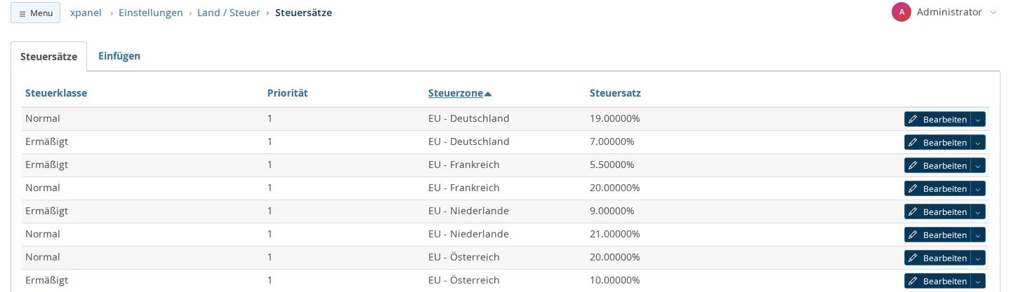 Liste der Steuersätze nach der OSS-Umstellung, nach Steuerzone sortiert: Normal 19 % und Ermäßigt 7 % für EU - Deutschland, Ermäßigt 5,5 % und Normal 20 % für EU - Frankreich, Ermäßigt 9 % und Normal 21 % für EU - Niederlande, Normal 20 % und Ermäßigt 10 % für EU - Österreich, alle mit Priorität 1, keine Zeile für die Zone Europäische Union