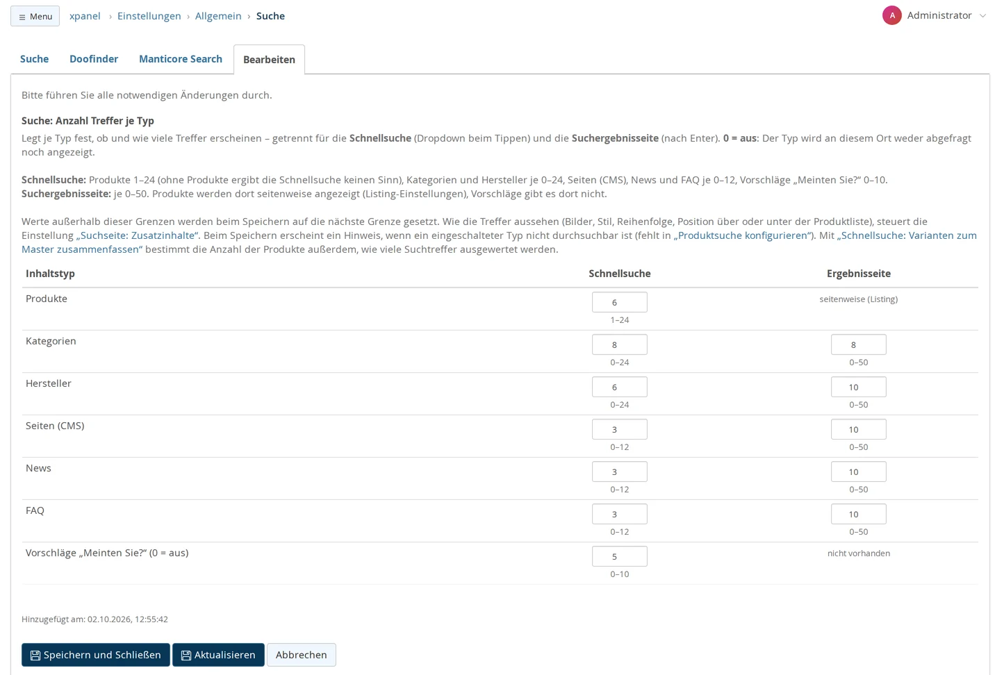 Settings → General → Search, editing “Search: Number of Results per Type”: Table with the columns “Quick Search” and “Results Page”; Products 6 (1–24) and by page, Categories 8 and 8, Manufacturers 6 and 10, Pages (CMS), News and FAQs 3 and 10 each, “Did you mean?” suggestions 5 and none