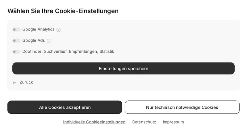 Banner sui cookie “Scegli le tue impostazioni sui cookie” con le impostazioni individuali aperte: pulsanti per Google Analytics, Google Ads e «Doofinder: cronologia di ricerca, consigli, statistiche», tutti disattivati; sotto di essi «Salva impostazioni», «Indietro», «Accetta tutti i cookie» e «Solo cookie tecnicamente necessari»