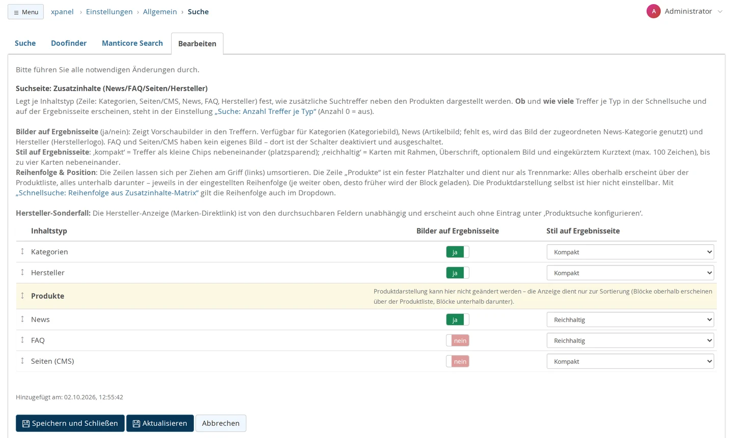 Editing “Search Page: Additional Content (News/FAQ/Pages/Manufacturers)”: Rows for Categories, Manufacturers, Products (fixed, yellow-highlighted separator row), News, FAQ, and Pages (CMS) with handles for moving; Images on the results page: yes for Categories, Manufacturers, and News; no for FAQs and Pages; Compact style for Categories, Manufacturers, and Pages; Rich style for News and FAQs