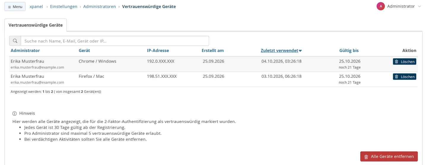 Seite „Vertrauenswürdige Geräte“ mit Suchfeld und zwei Geräten von Erika Musterfrau (Chrome / Windows und Firefox / Mac) mit gekürzter IP-Adresse, Erstellt am, Zuletzt verwendet, Gültig bis mit „noch 21 Tage“ und je einem Knopf Löschen; darunter der Hinweis zu 30 Tagen Gültigkeit und höchstens 5 Geräten und der rote Knopf „Alle Geräte entfernen“
