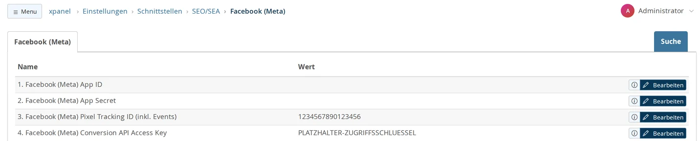 Einstellungsgruppe „Facebook (Meta)“ im Backend: App ID und App Secret leer, Pixel Tracking ID 1234567890123456 und Conversion API Access Key als Platzhalter eingetragen
