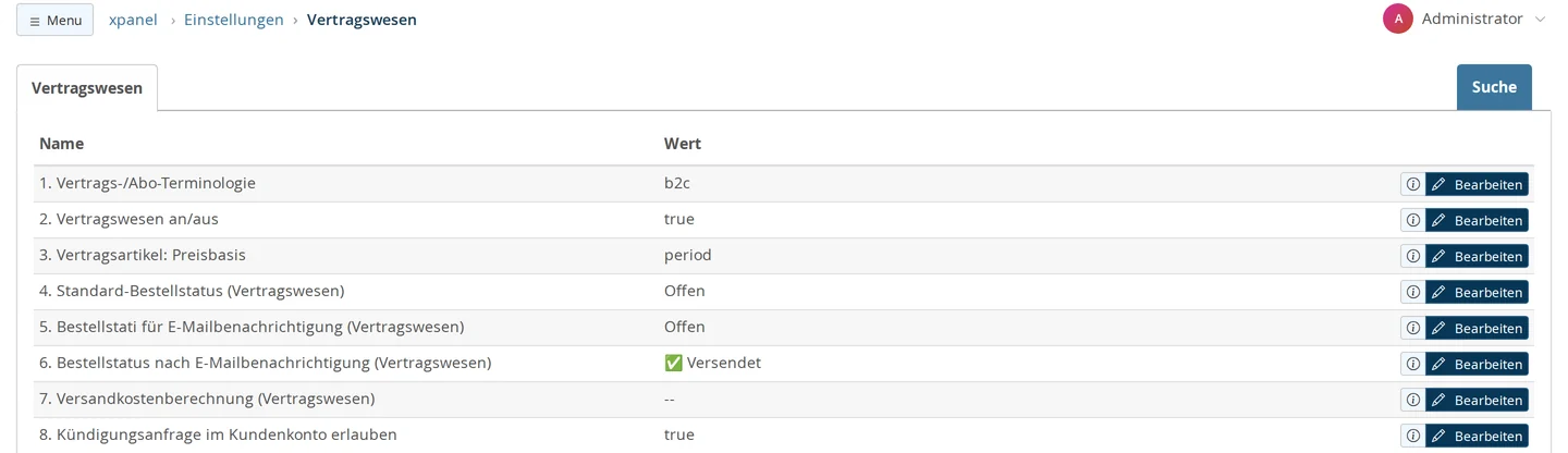 Einstellungen → Vertragswesen: Vertrags-/Abo-Terminologie b2c, Vertragswesen an/aus true, Vertragsartikel: Preisbasis period, Standard-Bestellstatus und Bestellstati für E-Mailbenachrichtigung auf Offen, Bestellstatus nach E-Mailbenachrichtigung Versendet, Versandkostenberechnung leer, Kündigungsanfrage im Kundenkonto erlauben true