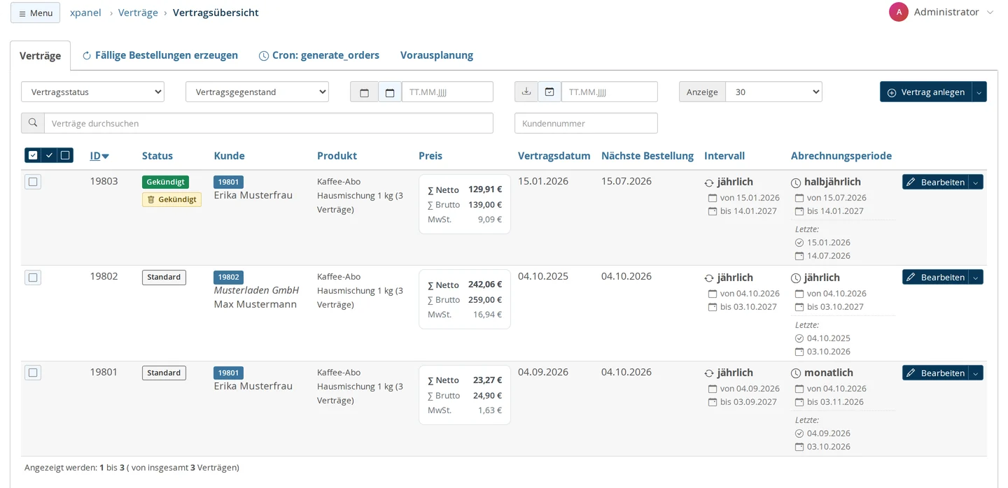 Vertragsübersicht mit den Reitern Verträge, Fällige Bestellungen erzeugen, Cron: generate_orders und Vorausplanung, den Filtern Vertragsstatus, Vertragsgegenstand und Datum, der Suche, dem Knopf Vertrag anlegen und drei Kaffee-Abo-Verträgen von Erika Musterfrau und der Musterladen GmbH, einer davon gekündigt