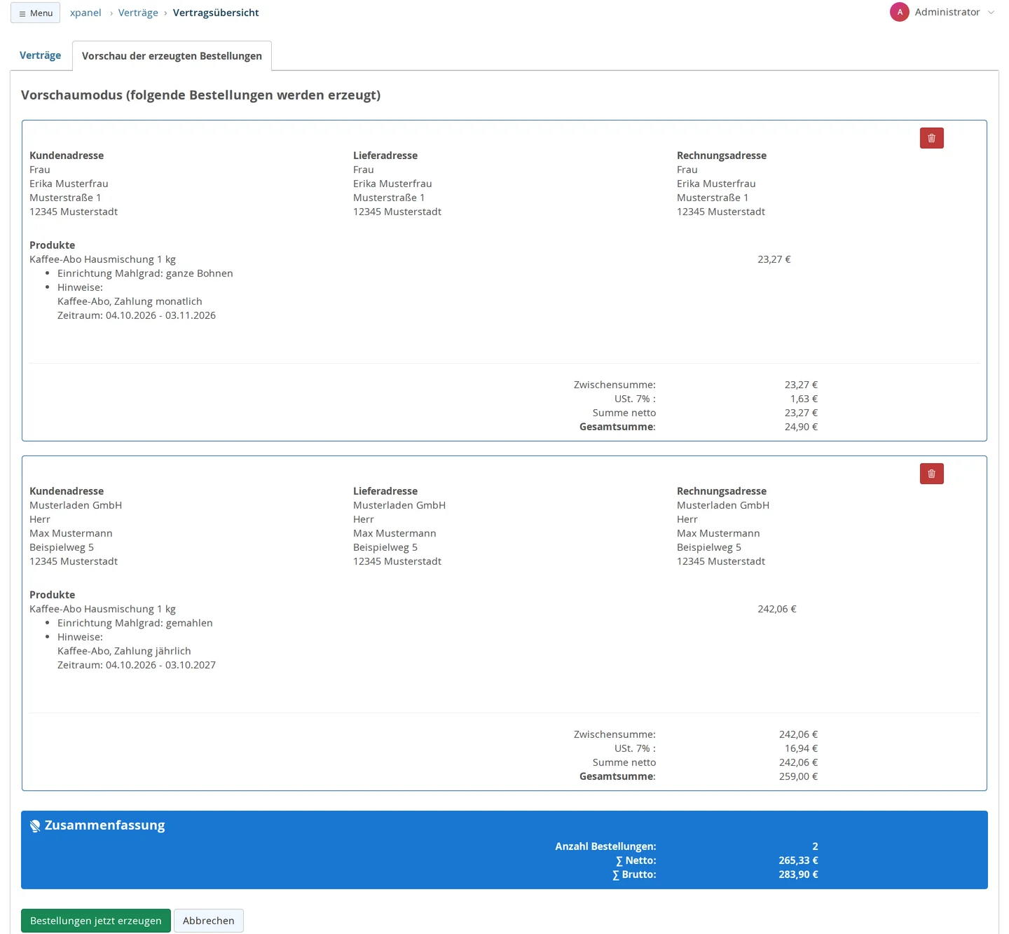 Vorschau der erzeugten Bestellungen mit zwei vorbereiteten Bestellungen für Erika Musterfrau (monatlich, 24,90 €) und die Musterladen GmbH (jährlich, 259,00 €), je mit Adressen, Vertragsbeschreibung samt Zeitraum und Summen, darunter die Zusammenfassung und der Knopf „Bestellungen jetzt erzeugen“