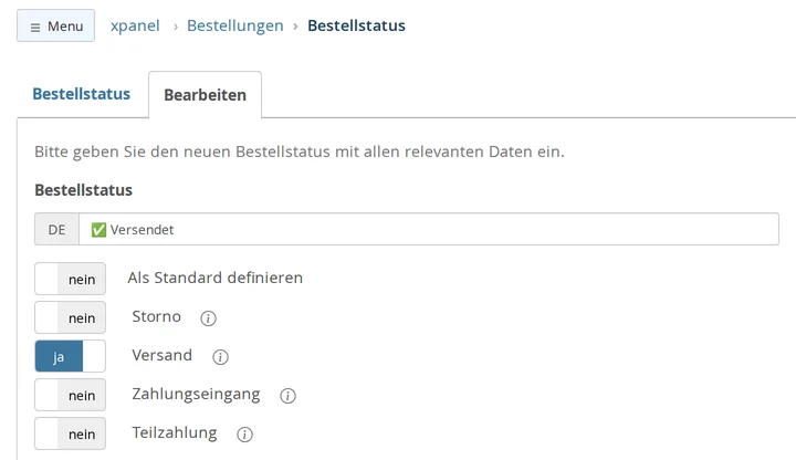 Edit order status "Shipped": Set the "Cancel" switch to "No" and the "Ship" switch to "Yes," with an info icon next to each one
