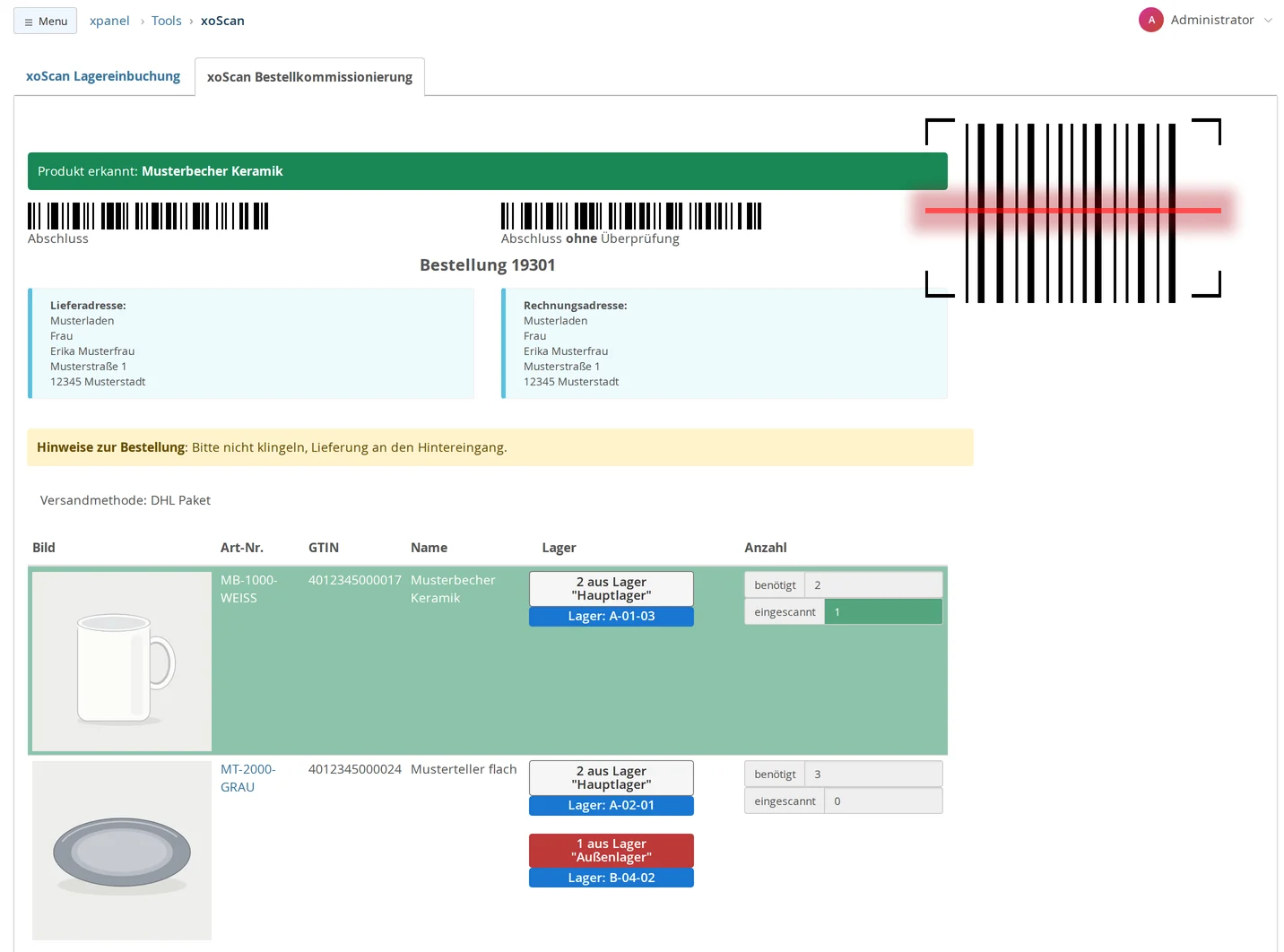 xoScan, "Order Picking" tab: Order 19301 has been loaded, including the barcodes "Completed" and "Completed without verification," the shipping and billing addresses, a yellow customer note, the shipping method "DHL Package," and two line items with stock allocation, storage location, and "Required" status—all scanned; the “Sample Cup” line is half-green with “1 of 2”