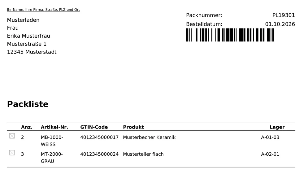Packing list PL19301 with the shipping address, order date, and barcode in the upper right corner, as well as the line items with quantity, item number, GTIN code, product, and warehouse A-01-03 or A-02-01