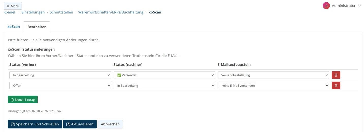 xoScan settings: Status changes using the columns "Status (before)," "Status (after)," and "Email template"; Row 1: "In Progress" to "Sent with delivery confirmation," Row 2: "Open" to "In Progress" with "Do not send an email"