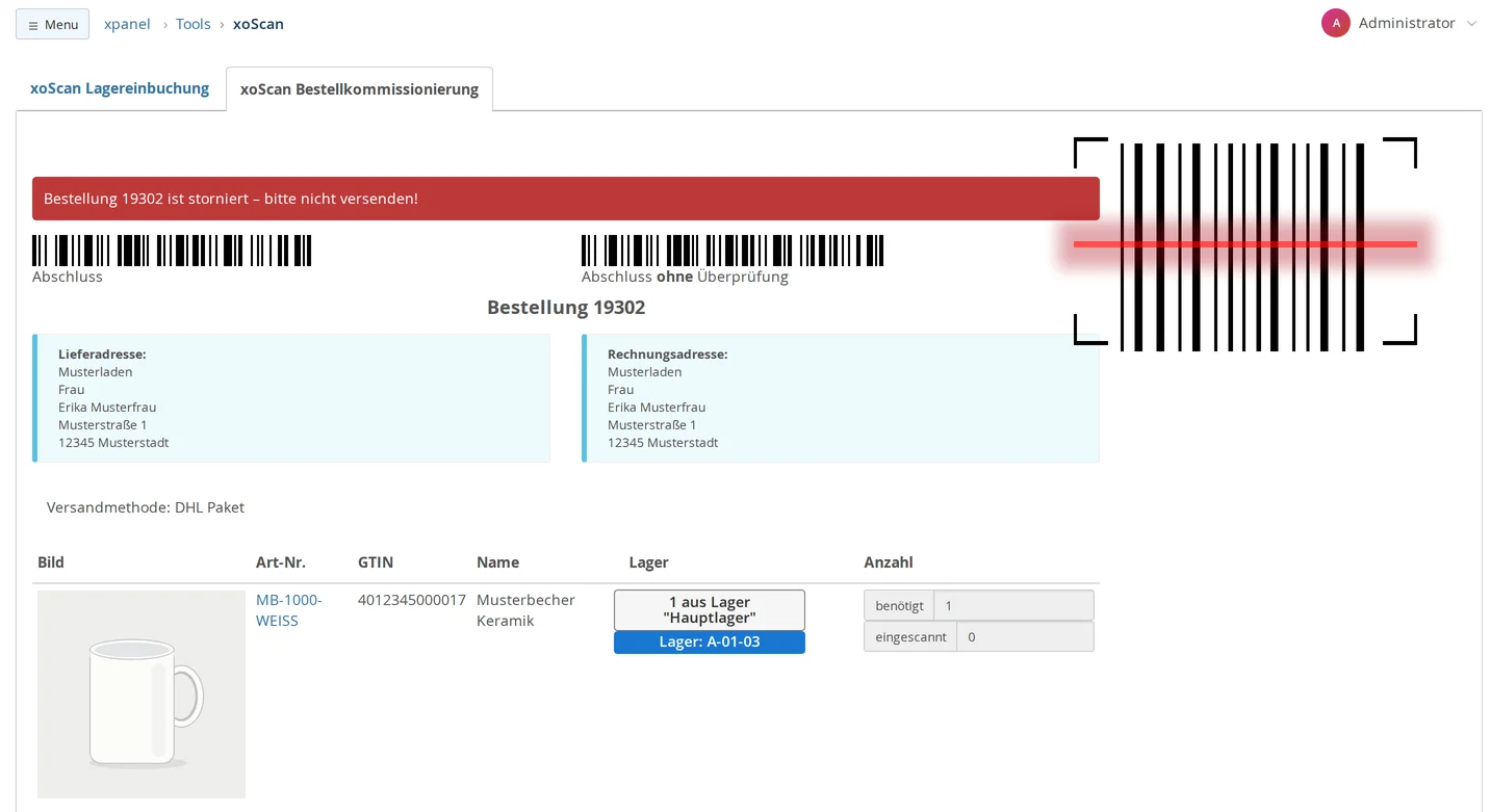 xoScan, "Order Picking" tab: red message "Order 19302 has been canceled – please do not ship!" above the loaded order